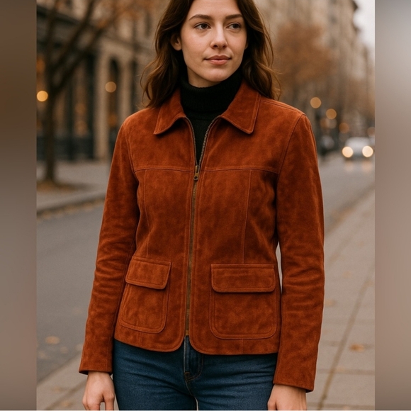 Liz Claiborne Jackets & Blazers - Liz Claiborne Brushed Suede Leather Zip Up Jacket Double Pocket Rust